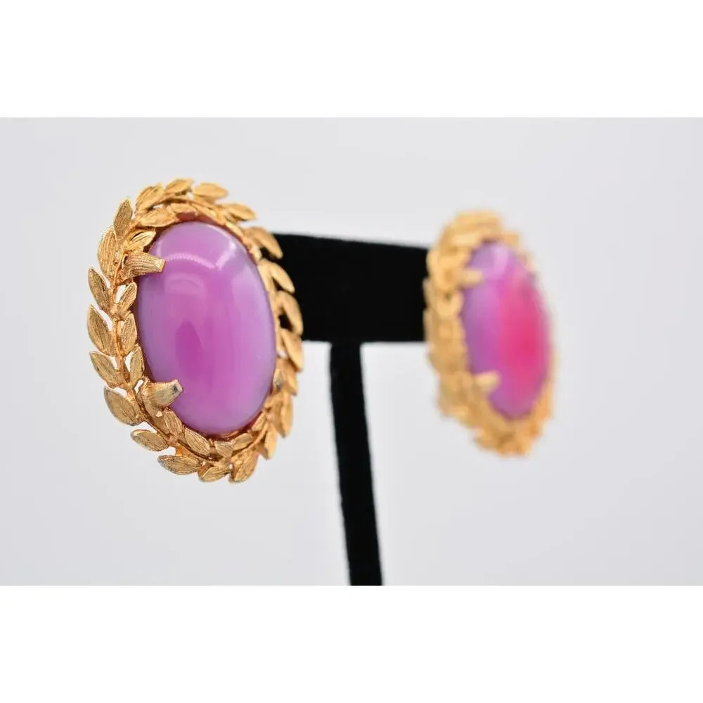 Judy Lee Vintage Cabochon Clip On Earrings Pink Gold Chunky Signed 1980s BinAZ